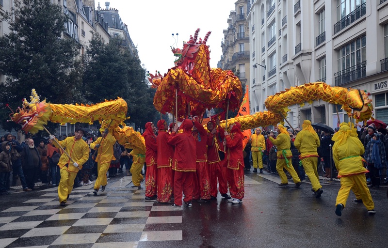 leisure activity, urban, outdoors, colors, building exterior, paris, dragon, costumes, street, beautiful, group of people, cities, crowd, large group of people