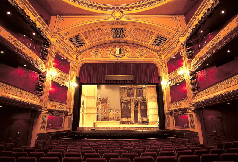 building, stage theater, architectural column, no people, stage, indoors, auditorium, lights, built structure, balcony, ceiling, arts culture and entertainment