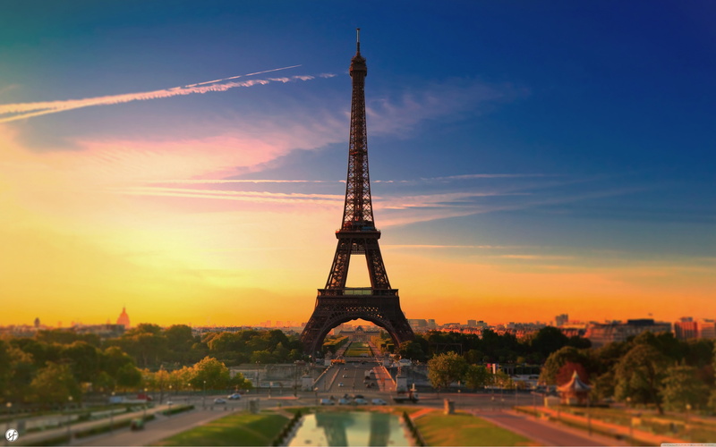 clouds, Paris, color correction, 5K, sunset, Eiffel Tower, contrails, tower, France, sky, architecture