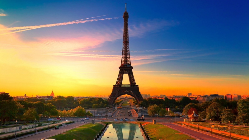 sunset, landscape, architecture, Eiffel Tower, city, Trocadero gardens, France, Paris, cityscape, Sun, 1080P, sky, HDR, urban, photography