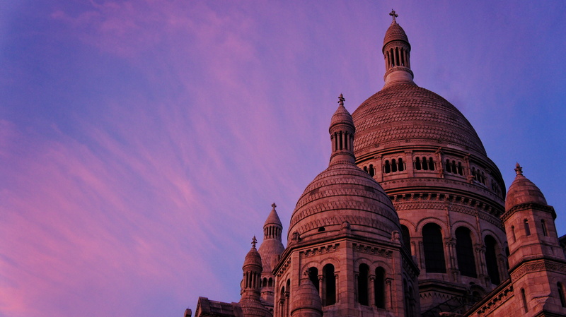 travel, arch, travel destinations, building exterior, sky, sunset, place of worship, built structure, dome, urban, montmartre, belief, no people, low angle view