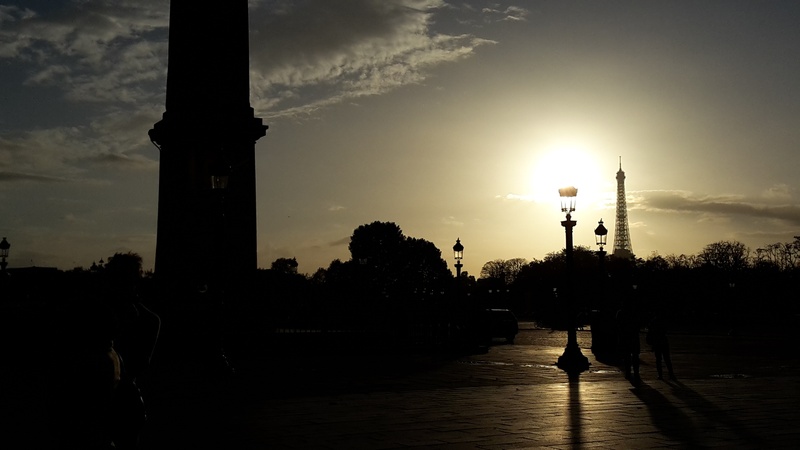 built structure, sunset, religion, architectural column, place of worship, tree, place de la concorde, paris, tower, cloud - sky, nature, silhouette, building