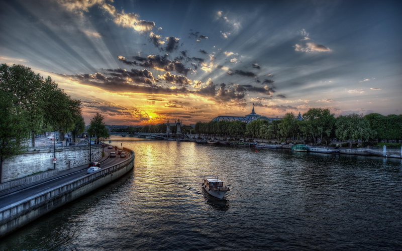 rays, boat, trees, peaceful, lovely, 2K, beautiful, paris, sunset, buildings, water, view, architecture