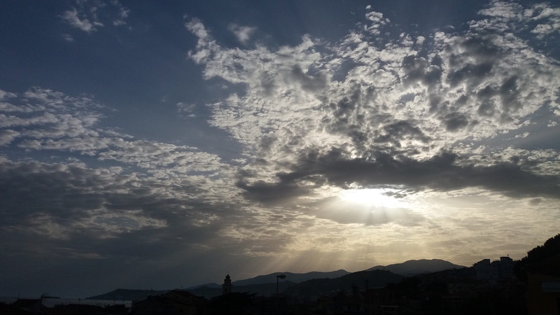 light, city, scenics - nature, cloud, yellow, sky orange, ray, italy, liguria, illuminated, no people, sunlight, bright, building exterior, low angle view