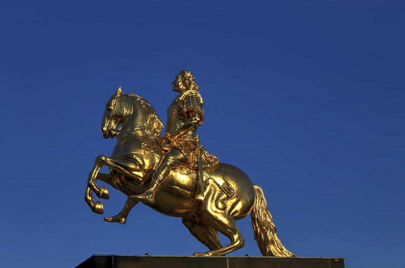 metal, ornate, reiter, sculpture, belief, 4K, statue, the past, male likeness, dresden, history, blue, human representation, blue sky, art and craft, architecture