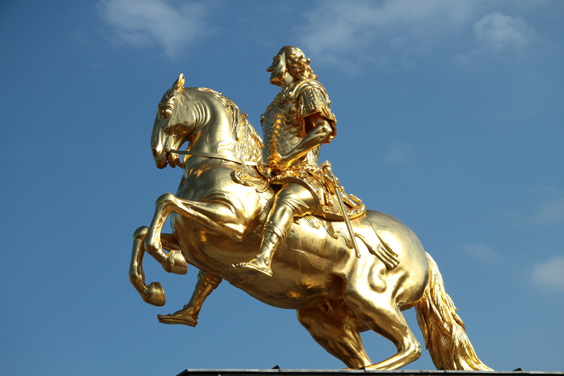 the past, female likeness, Horse, human representation, horse, low angle view, Rider, august der starke, 5K, sky, gold colored, metal, craft, cloud - sky