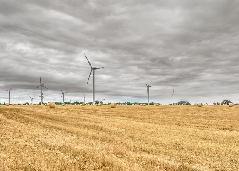 clouds, yellow, roll bale, hay roll, wind power, environment, 4K, straws, stubble, rural scene, summer, europe, wind turbine, Cornfield, nature, straw bales