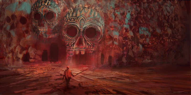 fantasy art, ancient, belief, indoors, the past, skull, building, surreal, illustration, creativity, place of worship, old, day, art and craft, cave, travel destinations