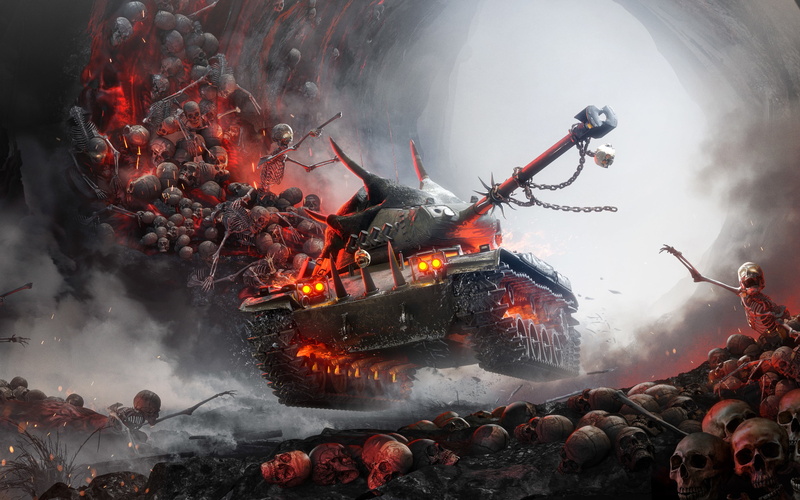 cave, tank, smoke, Xbox, skull, spikes, fire, World of Tanks, art, sparks, skeletons, 4K, Halloween, PS4, poster, bones, headlights, chain