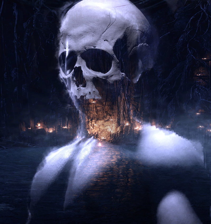 forest, cave, fantasy art, skull, dark, 720P