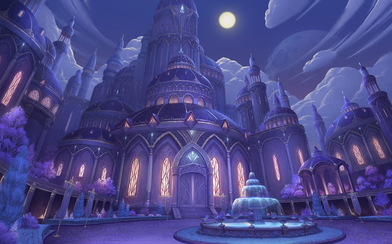 Palace, 1080P, fantasy, fountain, Night Castle, night, the moon, art, yong-jin lee