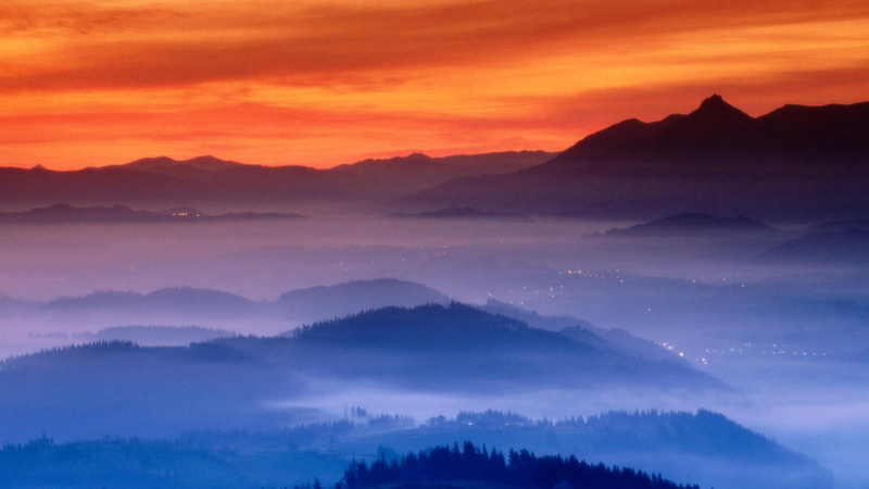 black, spain, ina, formation, fog, painting, lights, 1080P, country, rock, dusk, basque, nature and landscapes, valley