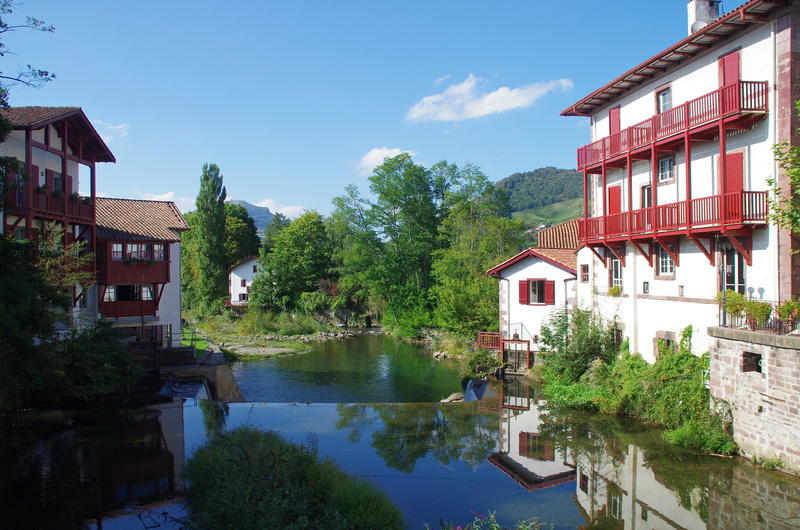 reflection, building exterior, architecture, built structure, lower navarre, lake, st-jean-pied-de-port, torrent, mill, outdoors, building, house, water