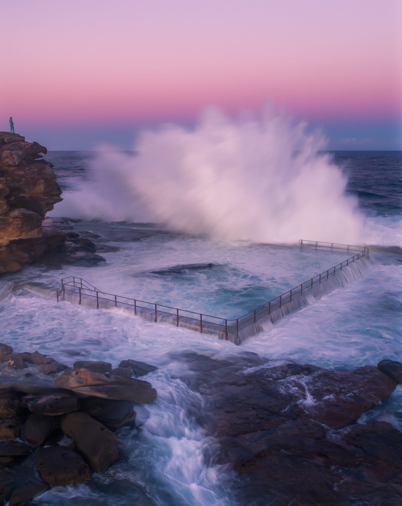 beach, 2K, splashing, ocean, drone, scenic, bay, rock - object, waves, sunset, seascape, sky, steel, surfing, aquatic sport, power, hitting, body, purple