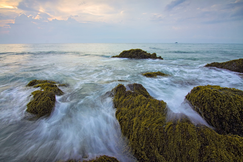 beauty in nature, Mossy rocks, moss, landscape, ocean, lapse, clouds, evening, scenic, solid, seashore, sunset, photography, horizon over water, cloud - sky