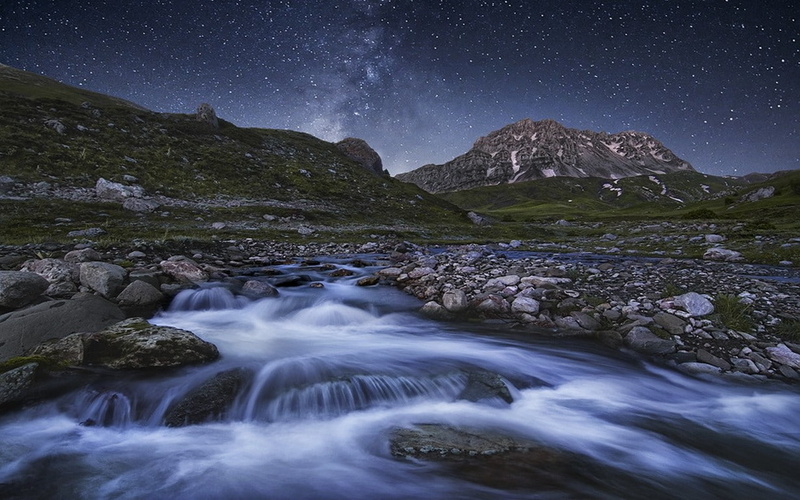 long exposure, river, landscape, mountains, 480P, nature, starry night