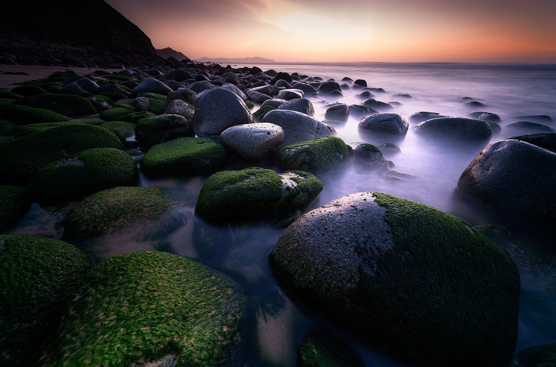 amazing, near, green plants, sunrise - Dawn, beach, sea, landscape, galicia, colors, seascape, outdoors, gray, rocks, spain, green, long exposure, Magic