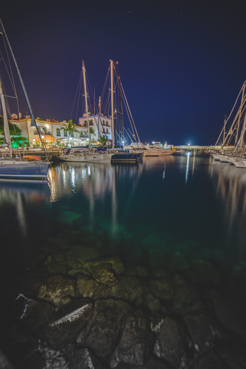 holiday, sky, boat, mogán, outdoors, gran canaria, puerto de mogán, rock - object, reflection, 5K, buildings, night, waterfront, no people, spain, sea