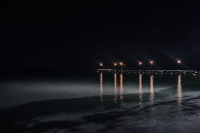 longexposure, waterfront, sea, architecture, dark, 5K, beach, nature, reflection, black, tranquility, sky, light, illuminated, night, no people, built structure