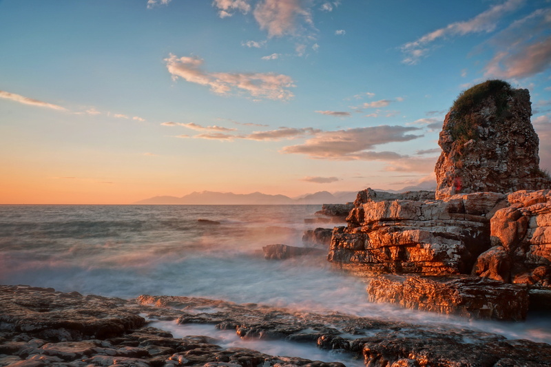 mountains, sky, ocean, water, golden hour, sea, wave, long, seascape, speed  2, hdr, timelapse photography, beach, a6000, 2  seconds, Sony, kasiopi, dusk