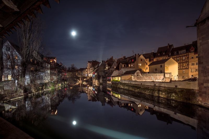 cityscape, Bavaria, reflection, Germany, night, river, Nuremberg (City), water, city, 2K