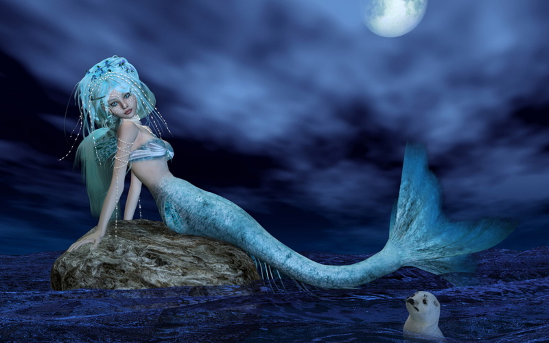 sirena, beautiful woman, females, mar, beauty, fashion, outdoors, land, fantasia, dress, roca, looking, hair, contemplation, night, 2K, sky, full moon
