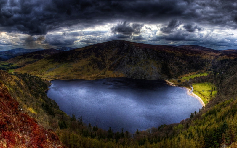 no people, clouds, green, storm, nature, power in nature, lake, landscape, cloud - sky, outdoors, forest, storm cloud, water, environment, mountains, sky