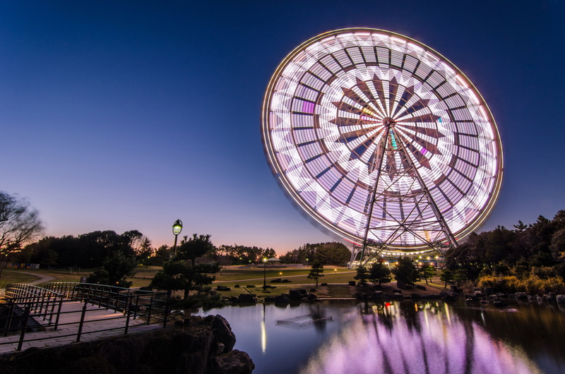 bridge, pond, Japan, reflection, 1080P, trees, blue, Ferris wheel, Park, night, lights, the sky, Tokyo, capital, lighting