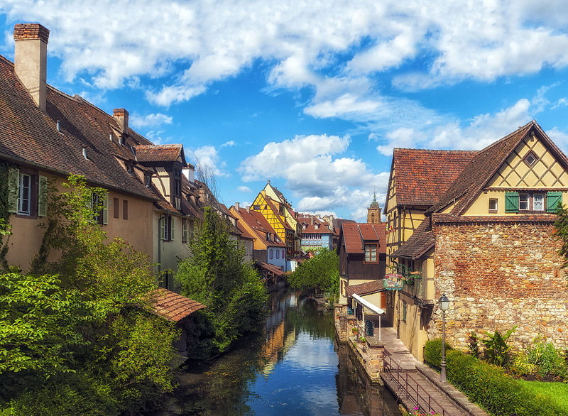 architecture, the urban landscape, home, brown, cloud - sky, building, reflection, Colmar, France, sky, canal, town, water, 1080P, residential district