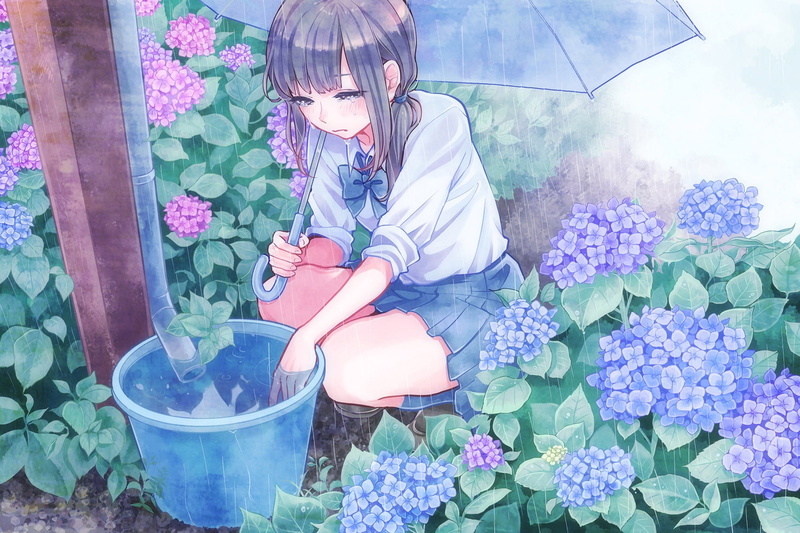 school uniform, flower, anime girl, inflorescence, one person, flower head, crying, innocence, outdoors, raining, fragility, lifestyles, Anime, women, nature
