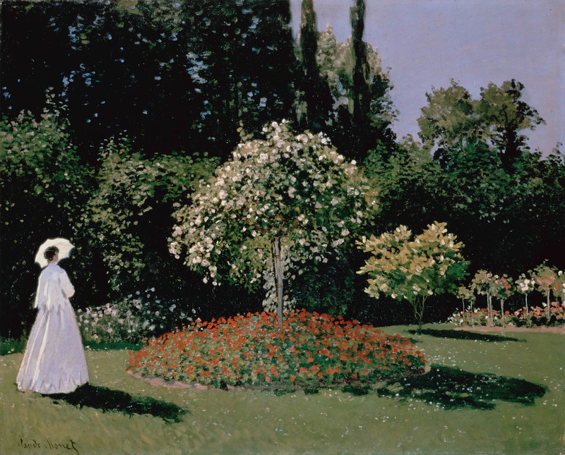 Sainte-Adresse, the sky, trees, umbrella, Woman in the Garden, 5K, woman, flowrs, dress, Monet Claude, shadow, garden, nature, summer