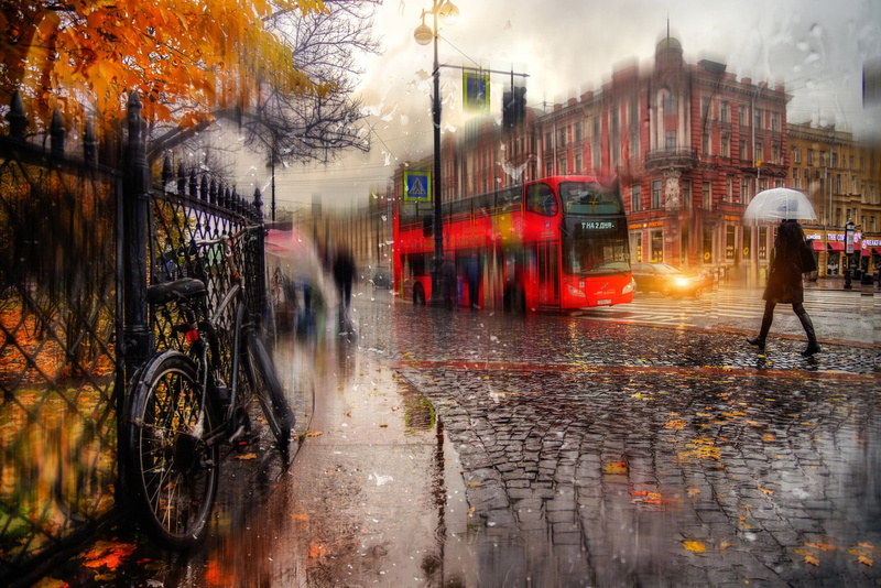girl, 1080P, decker, double, city, land vehicle, Russia, rainy season, red, bus, transportation, Autumn, mode of transportation, Peter, rain, nature, motion