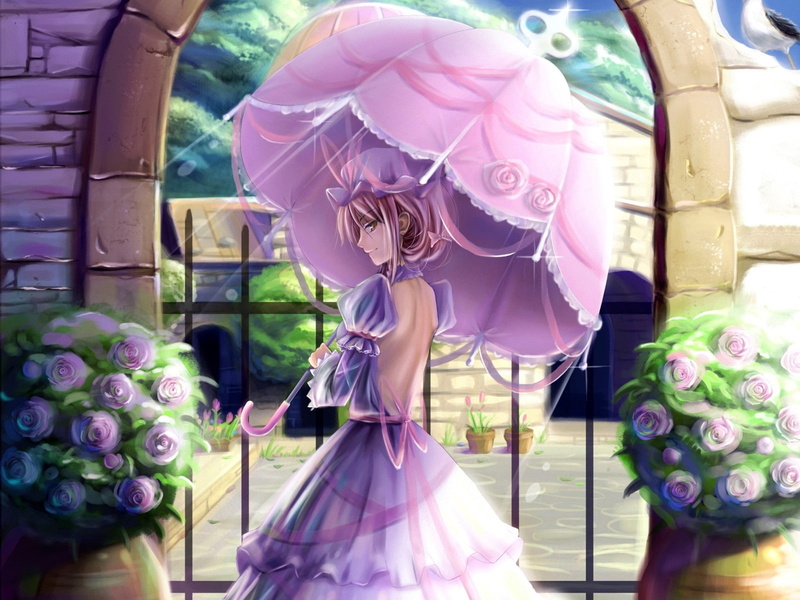 garden, umbrella, umbrellas, hair, anime, blondes, hats, yukari, 720P, yakumo, hd, art, long, girls, Touhou