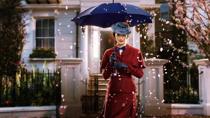 house, costume, petals, poster, Mary Poppins comes back, background, gloves, Emily Blunt, garden, hat, Mary Poppins, fantasy, 5K, butterfly, umbrella
