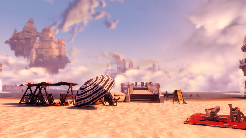 steampunk, bioshock, white, umbrella, patio, hd, 2K, infinite, beach, video games, black