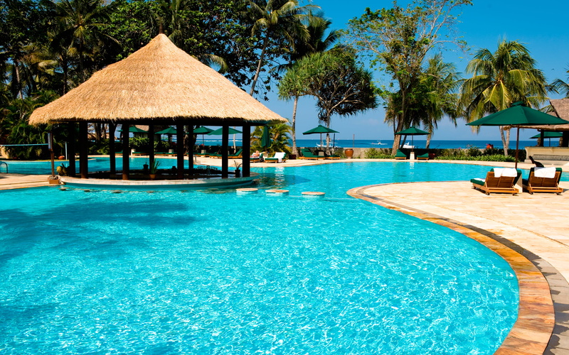 resort Swimming Pool, lounge chair, swimming Pool, architecture, two, 2K, wooden, exotic, relaxation, vacations, bar, poolside, blue, beautiful, recreational Pursuit