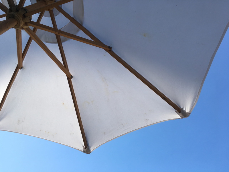 single object, shade, wooden parasol, white color, blue, day, sunshade, parasol, metal, no people, copy space, resting, low angle view, white, nature, 4K