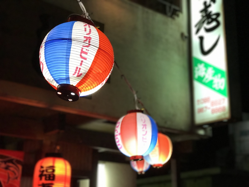 hanging, lamp, neon, non-western script, script, decoration, shelf, ceiling, lighting, balloon, low angle view, communication, wood, corridor, paper lantern