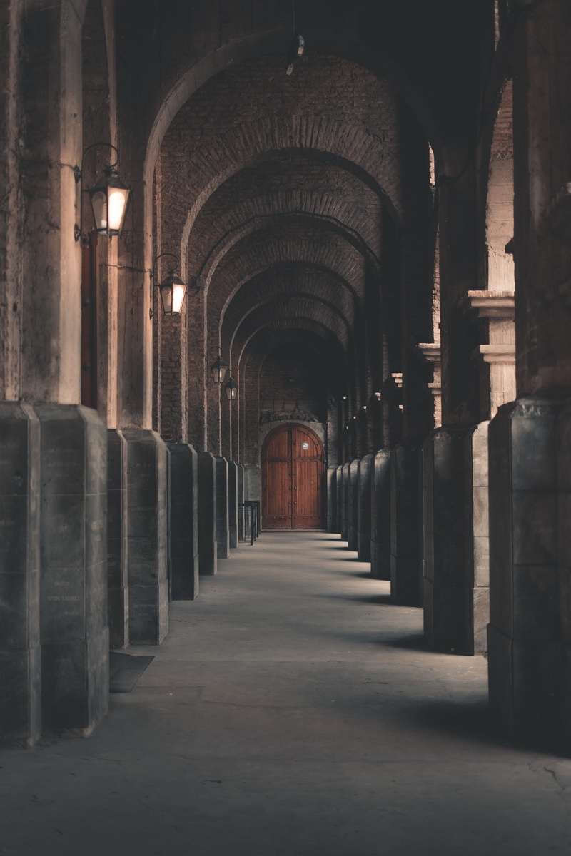 mattress, wooden door, arcade, columns, history, corridor, interior, building, built structure, inside, 5K, architecture, black, cellar, colonnade, direction