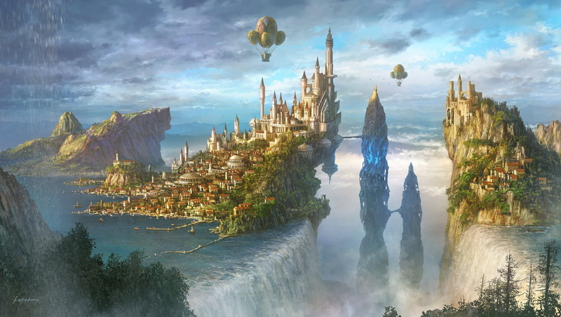houses, painting, hot air balloon, trees, clouds, mountains, castle, landscape, City, sky, rocks, artwork, water, waterfalls, cityscape, 1080P, river