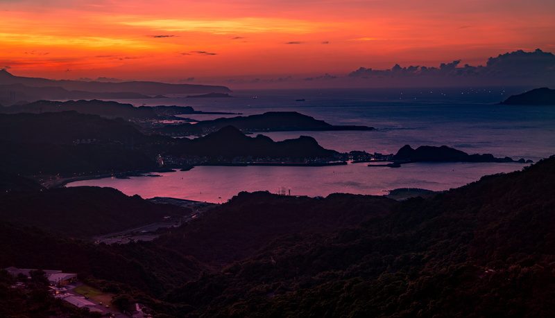 tranquil scene, cloud - sky, environment, outdoors, mountain, photography, red sky, jiufen old street, sea, sunset, sunrise, coast, dusk, beach, water