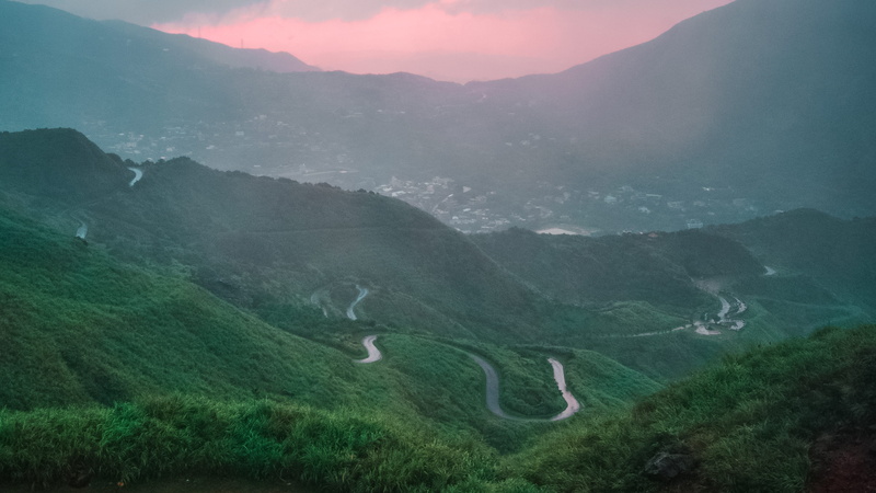 jiufen, outdoors, view, no people, aerial, land, mountain range, environment, plant, tranquil scene, nature, landscape, 2K, road, green, beauty in nature