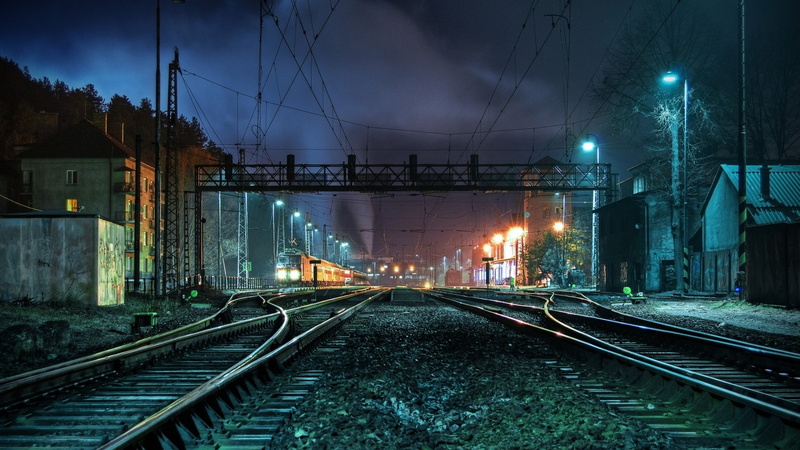 railroad, tracks, trains, 1080P, technology, vehicles, railroad tracks, art, night, hd