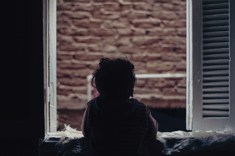 waist up, child, building, 2K, handrail, standing, lifestyles, baby, home interior, girl, window shade, banister, brick, contemplation, undershirt, real people