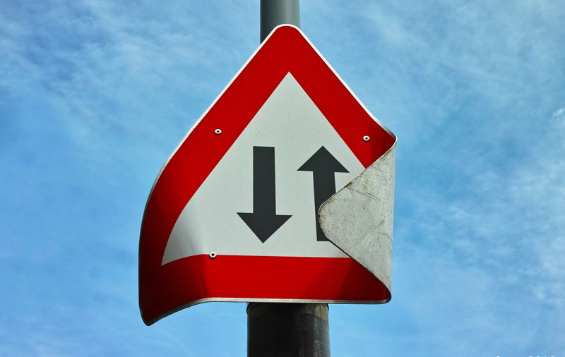 red, blue, sky, directional sign, triangle shape, arrow symbol, direction, warning sign, 1080P, road, sign, nature, shape, road sign, symbol, guidance