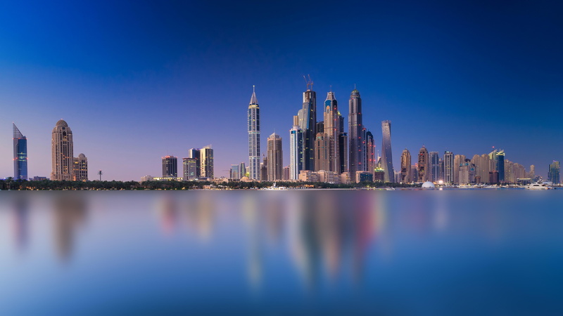 metropolitan, middle-east, uae, reflection, cityscape, 5K, united arab emirates, asia, metropolis, dubai, blue sky, skyscrapers, skyline