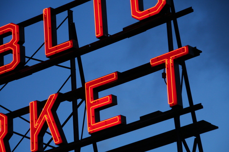 sign, signage, 2K, neon, text, public, angle, red, photography, lights, low angle view, dusk, market, architecture, outdoors, structure, sky, communication