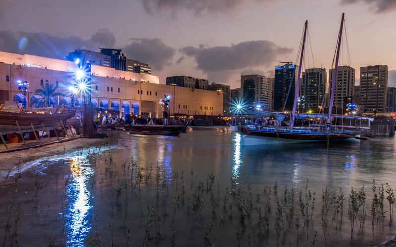 nautical vessel, dusk, building, city, marina, uae, illuminated, mode of transportation, purple, transportation, lake, blue, cityscape, long exposure, cloud - sky