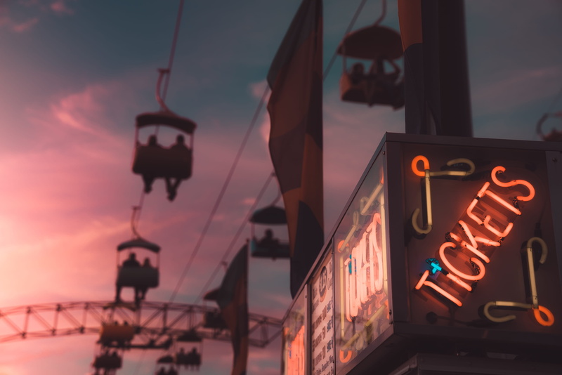 sky, outdoors, sunset, communication, neon, light, architecture, no people, carts, cable, illuminated, low, focus, tickets, street, cloud - sky, information