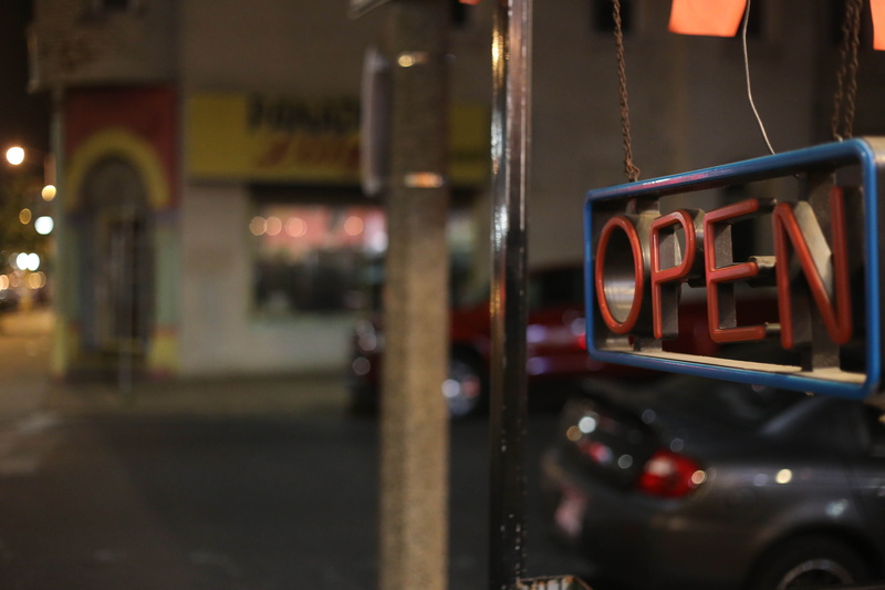 taxi, car, blur, land vehicle, open, red, street, no people, architecture, illuminated, western script, 5K, sign, city, mode of transportation, communication